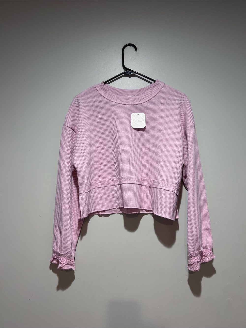 Altar'd State Pink Cropped Waffle Ruffle Cuff Sweatshirt